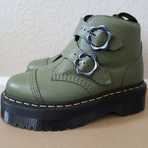 Devon Flower Buckle Dr. Martens Leather Platform Boots Khaki Green